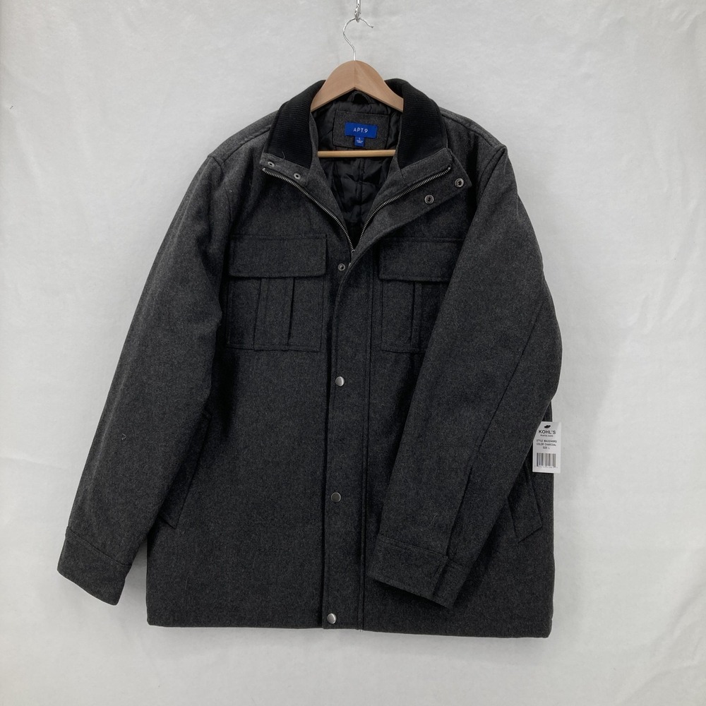 Apt 9 Jacket Mens Large Charcoal Wool Blend Quilted Snap Zip Pockets Ribbed Neck